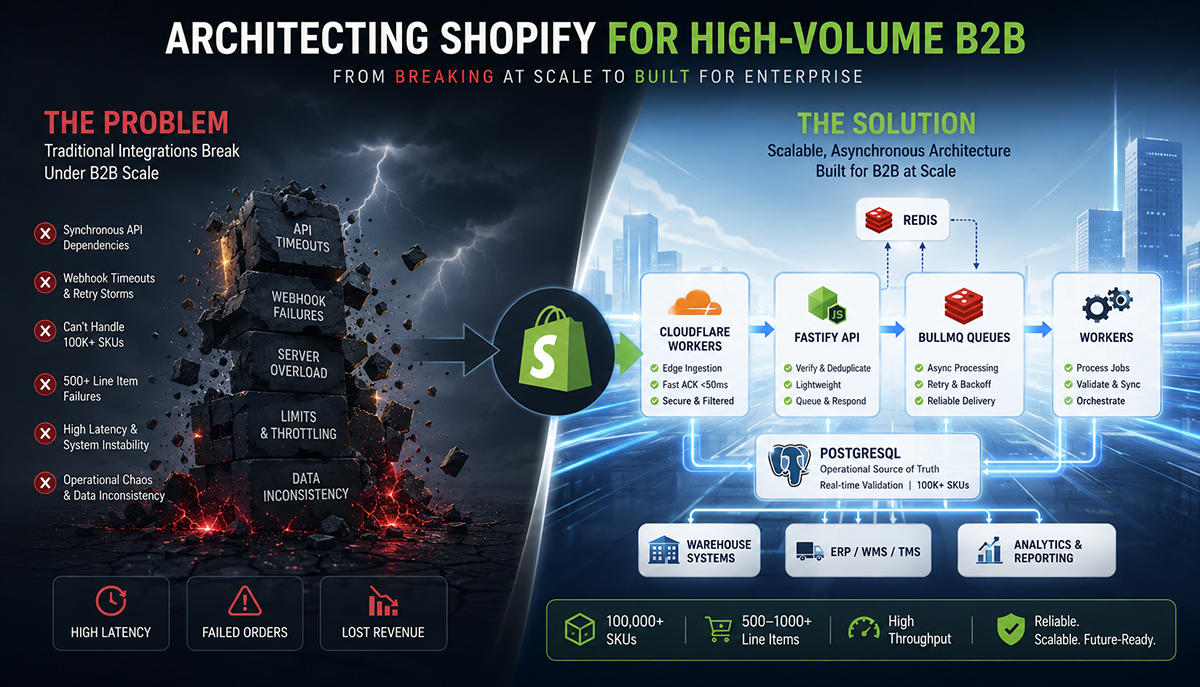 Traditional Shopify app architectures collapse under enterprise B2B workloads involving 100,000+ SKUs, massive draft orders, and webhook-heavy orchestration. This architecture separates Shopify from operational logic using Cloudflare Workers, Node.js, PostgreSQL, and asynchronous workflow systems designed for scale.